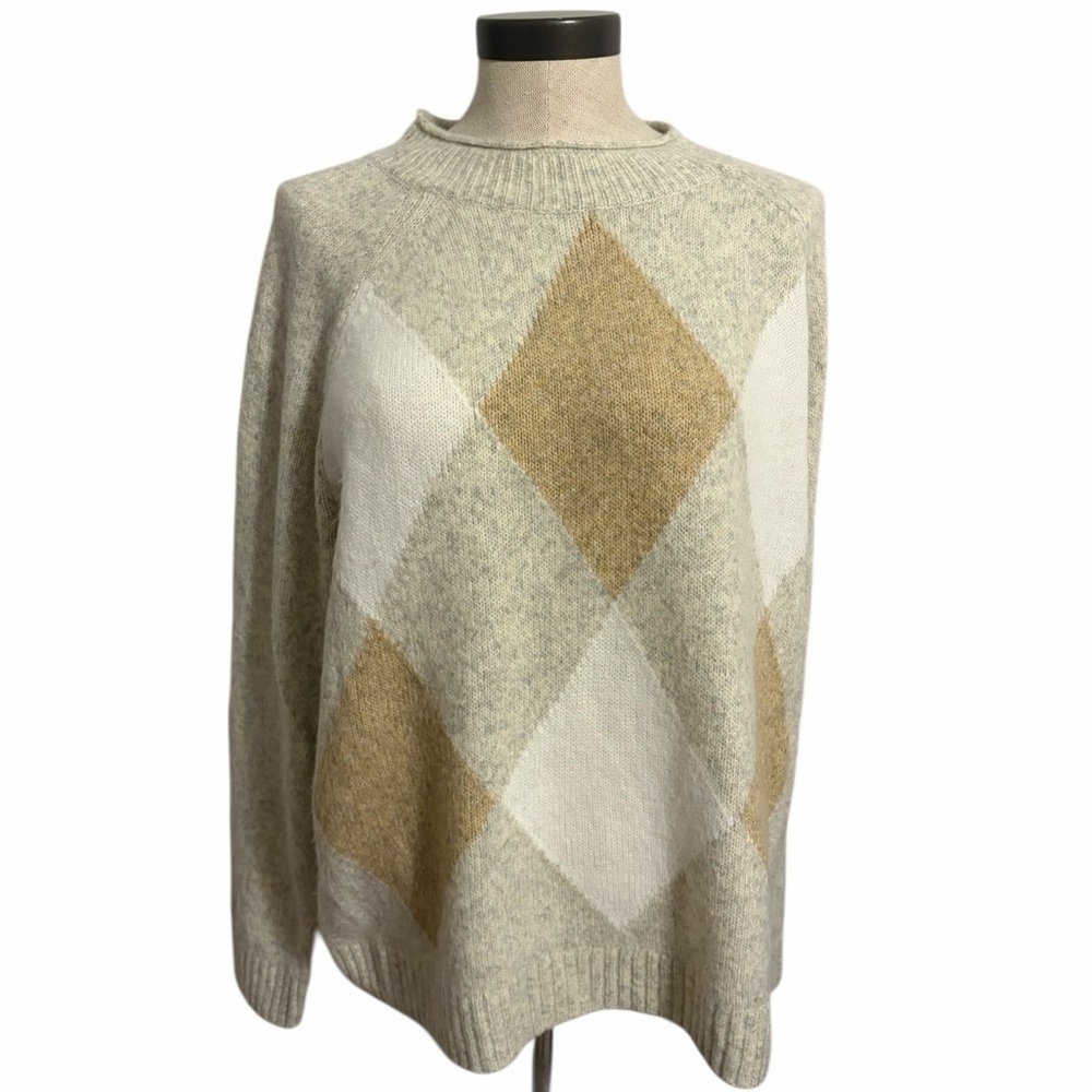 Croft & Barrow Women's XL Oatmeal Camel and White Argyle Roll Neck Soft Sweater